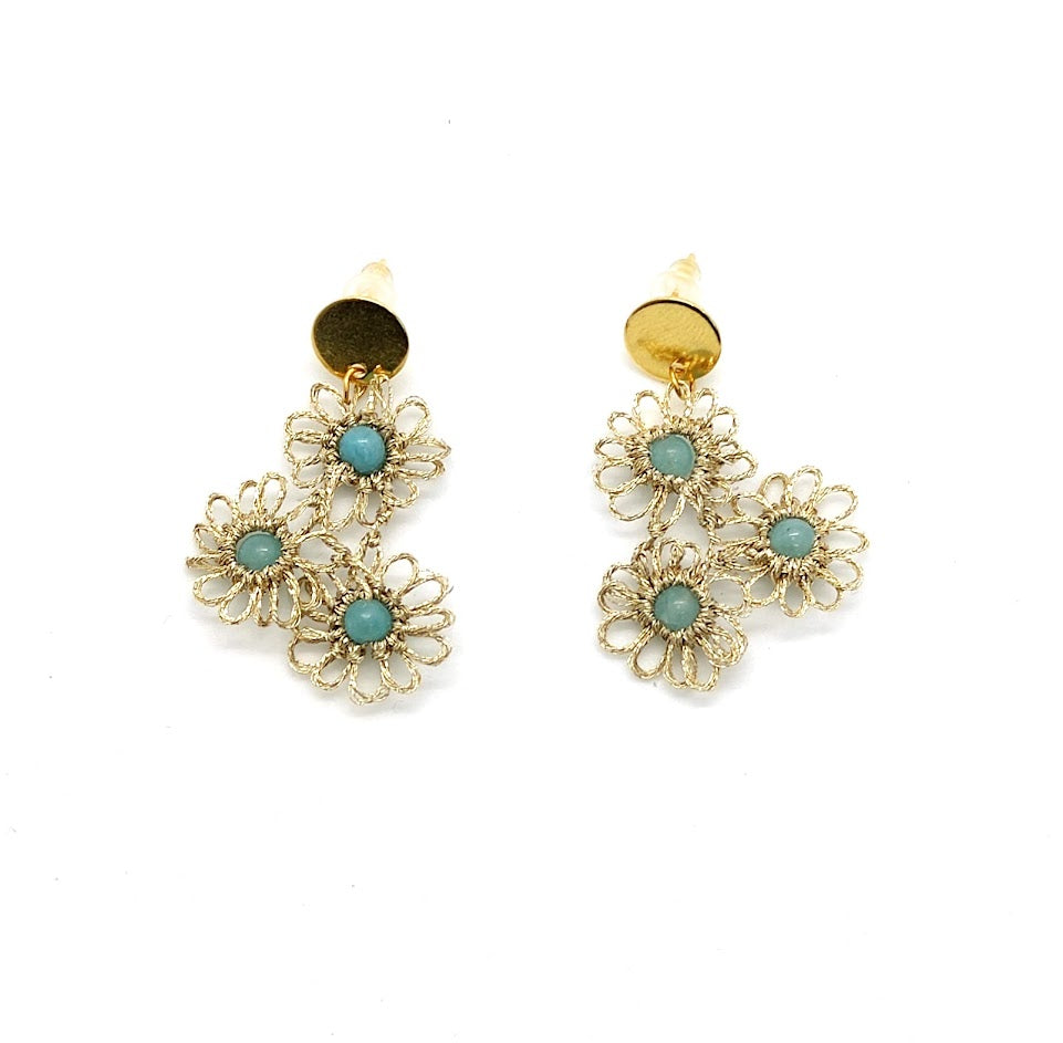 boucles d'oreilles avec pierres fines aqua-marines serties en dentelle de frivolité. Mod. exclusif Pilar Navarro Paris