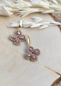 Boucles d'oreilles AUBE Pilar Navarro PARIS, en fil à broder et verres roses.