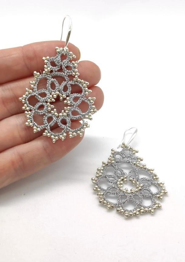 DREAM. Tatting lace earrings and glass stones. 