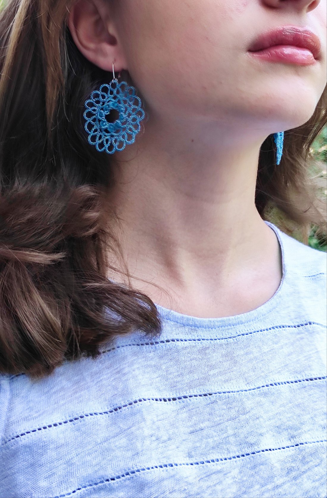 SUNFLOWER. Large lace and glass earrings.