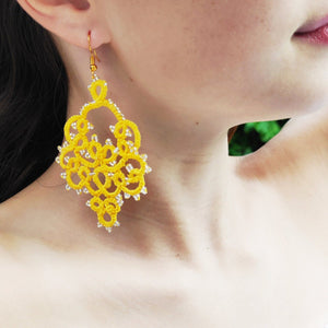 Pilar Navarro PARIS boucles d'oreilles LILIANA jaune dentelle en frivolité et verres. lorina balteanu