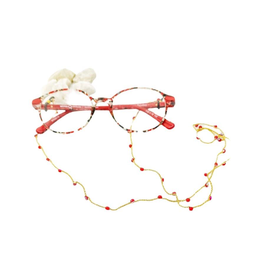 Pilar Navarro PARIS | Chaîne a lunettes faite à la main en fil et verres facettés rouges 