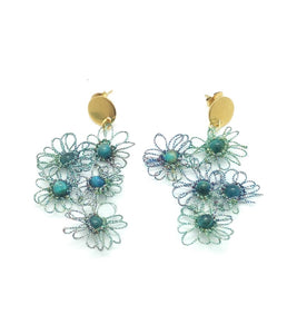 Boucles d'oreilles MARGARITES dentelle vert-bleue et pierre de œil de tigre Pilar Navarro PARIS