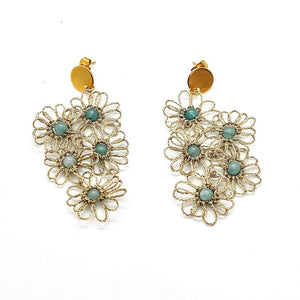 Boucles d'oreilles MARGARITES dentelle dorée et pierres aqua-marines Pilar Navarro PARIS