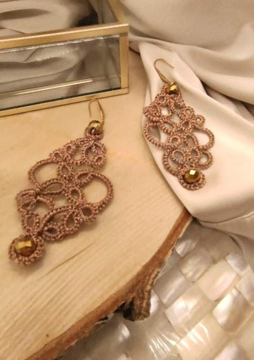 OXANA Earrings, tatting lace and glasses.