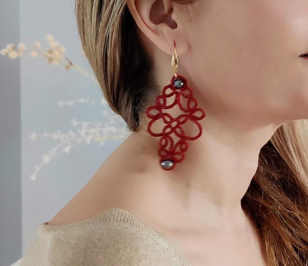 Boucles d'oreille, dentelle en frivolité et verres OXANA