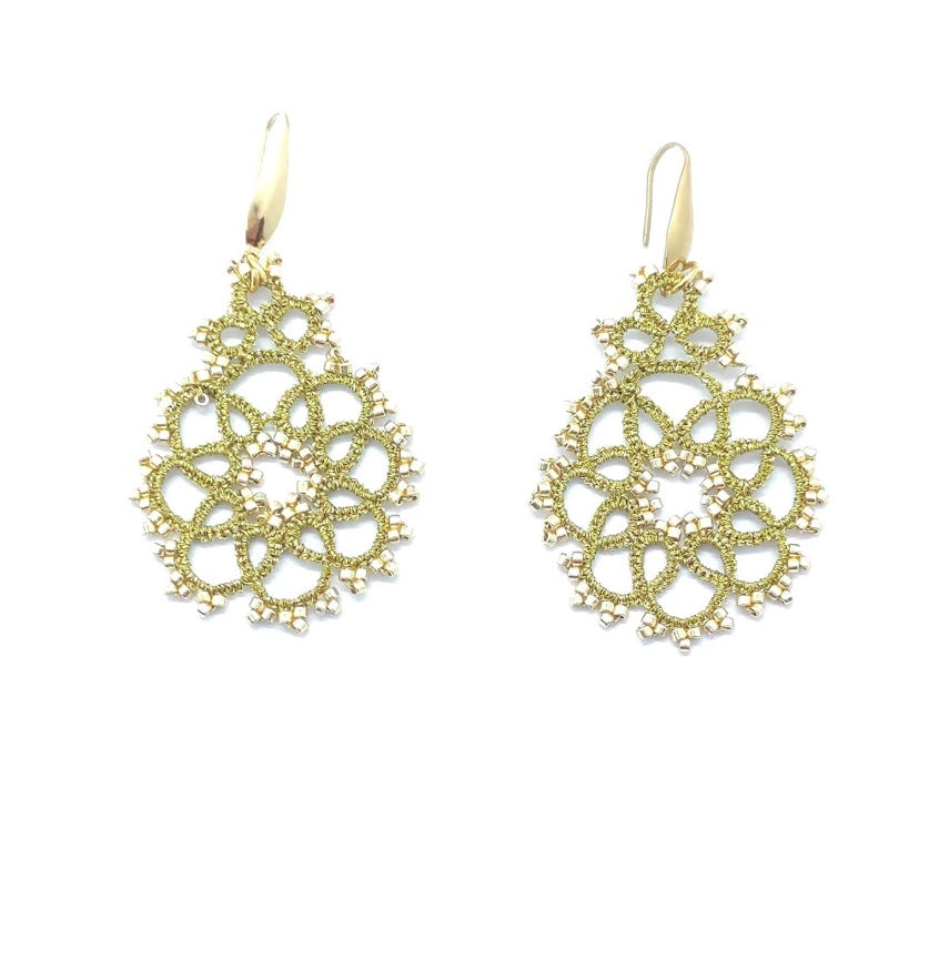 DREAM. Tatting lace earrings and glass stones. 